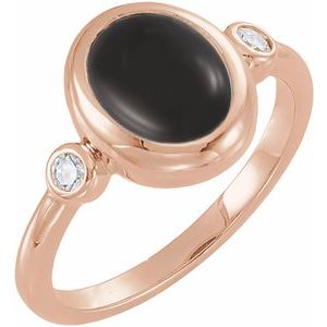 14K Rose Gold Natural Black Onyx & 1/8 CTW Natural Onyx Cabochon Ring