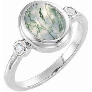 14K White Gold Natural Moss Agate & 1/8 CTW Natural Diamond Cabochon Ring