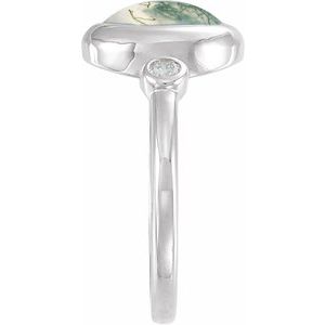 14K White Gold Natural Moss Agate & 1/8 CTW Natural Diamond Cabochon Ring