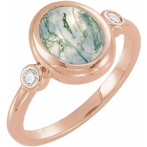 14K Rose Gold Natural Moss Agate & 1/8 CTW Natural Diamond Cabochon Ring