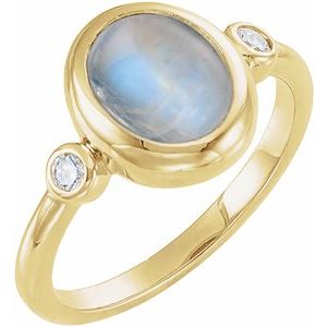 14K Yellow Gold Natural Rainbow Moonstone & 1/8 CTW Natural Moonstone Cabochon Ring