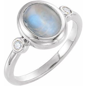 14K White Gold Natural Rainbow Moonstone & 1/8 CTW Natural Moonstone Cabochon Ring