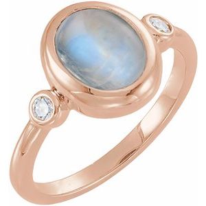 14K Rose Gold Natural Rainbow Moonstone & 1/8 CTW Natural Moonstone Cabochon Ring