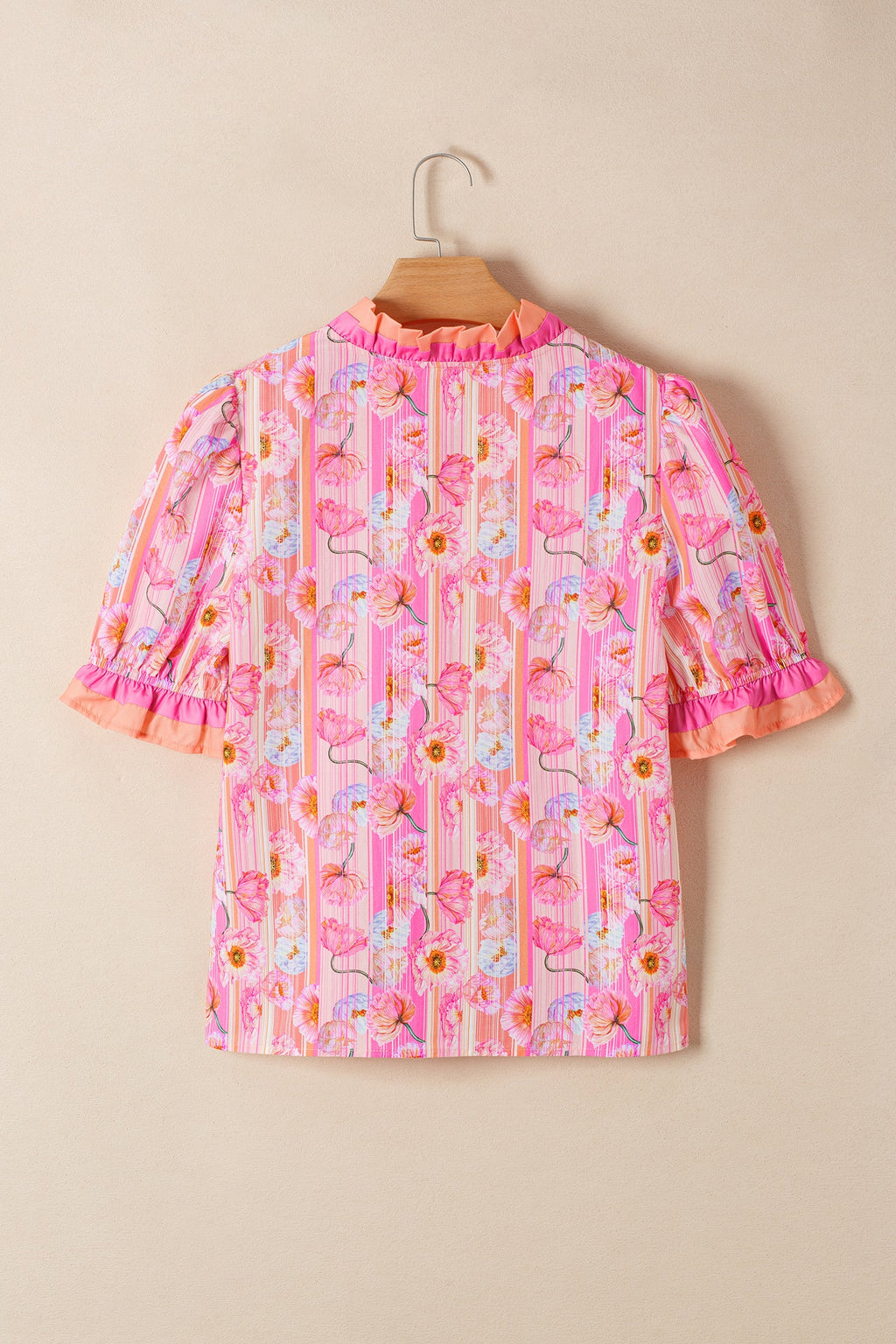 Floral Poppy Stripe Colorblock V-Neck Short Sleeve Blouse