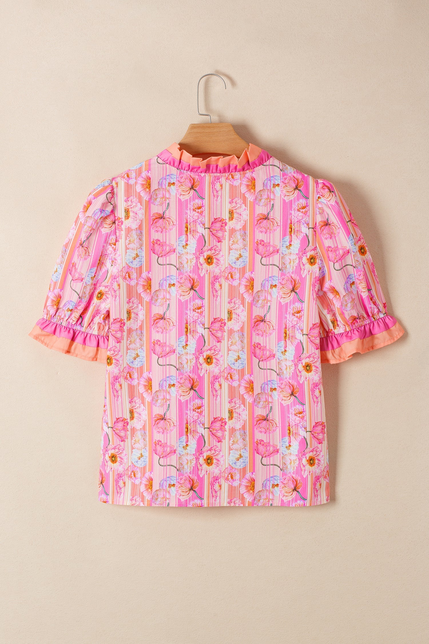 Floral Poppy Stripe Colorblock V-Neck Short Sleeve Blouse