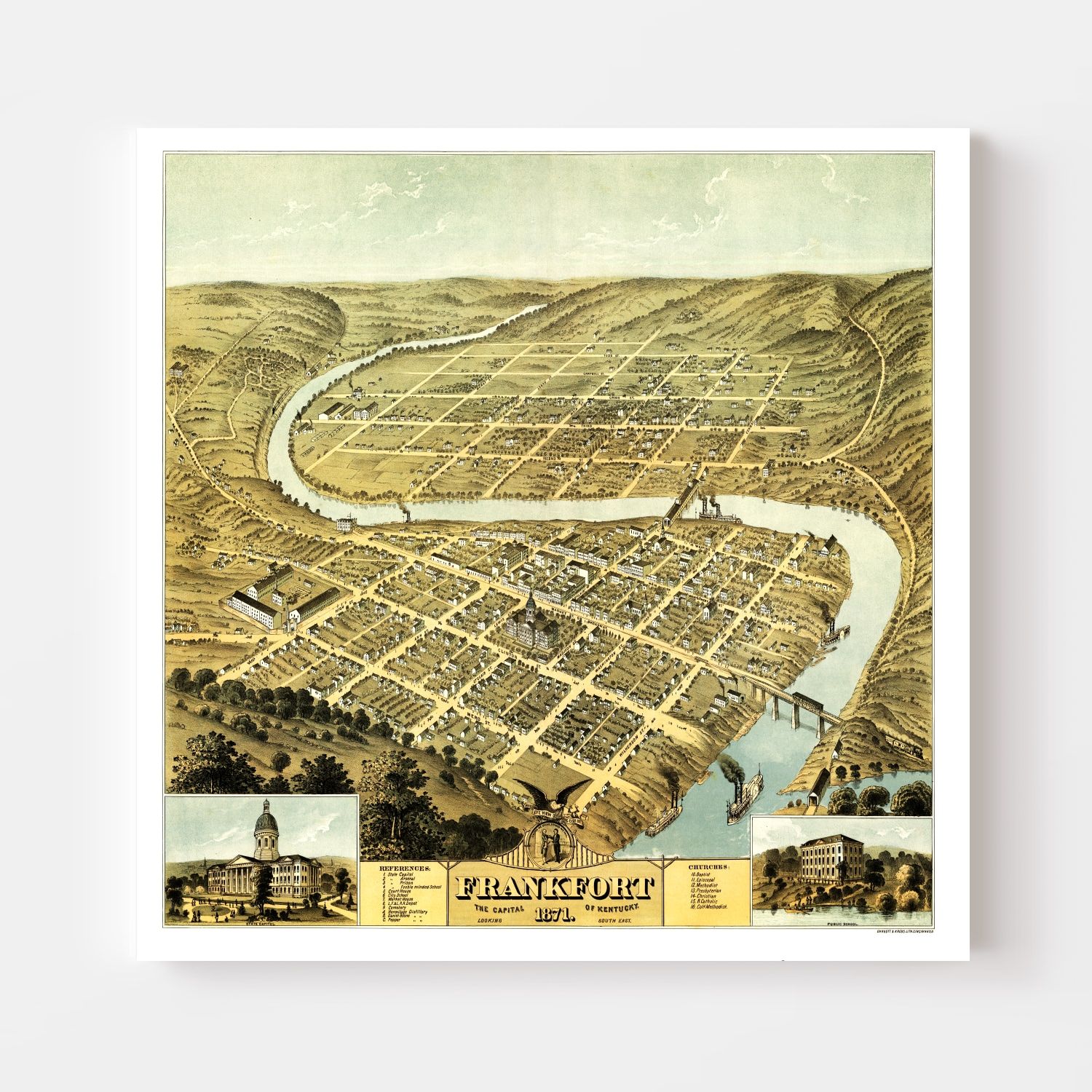 Vintage Map of Frankfort, Kentucky 1871