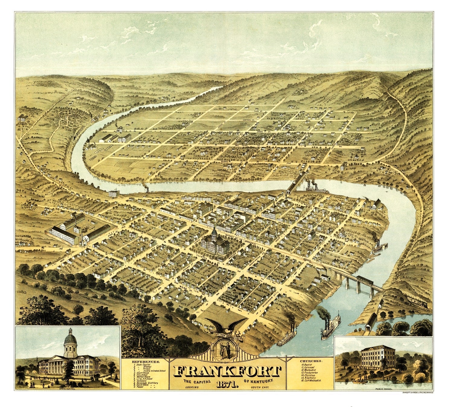 Vintage Map of Frankfort, Kentucky 1871