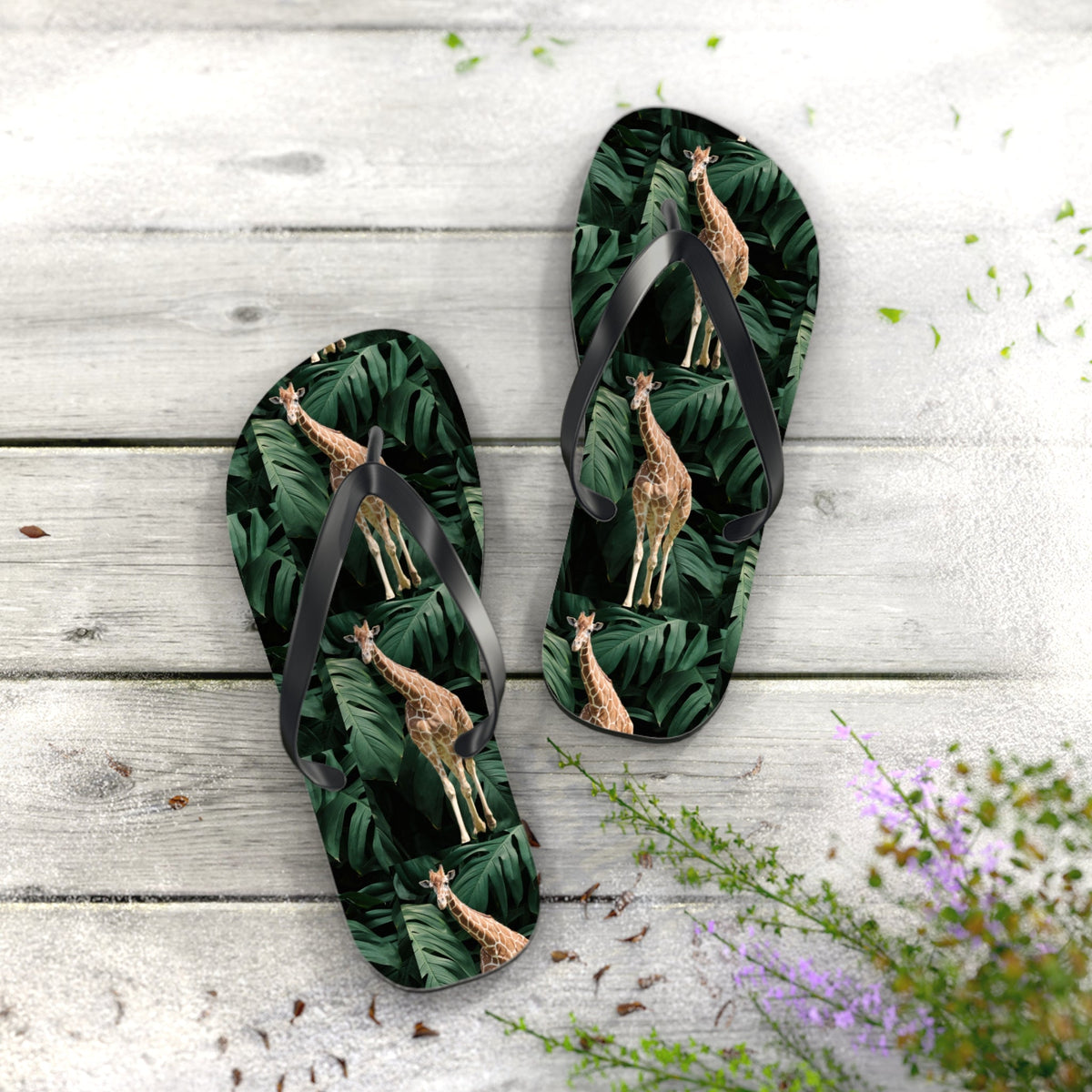 Tall Giraffe Surrounded by Greenery Flip Flops