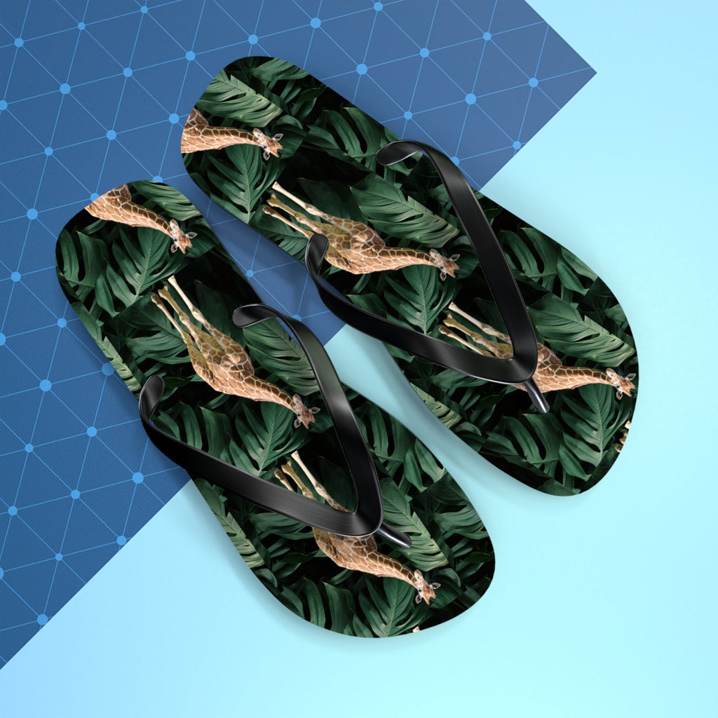 Tall Giraffe Surrounded by Greenery Flip Flops