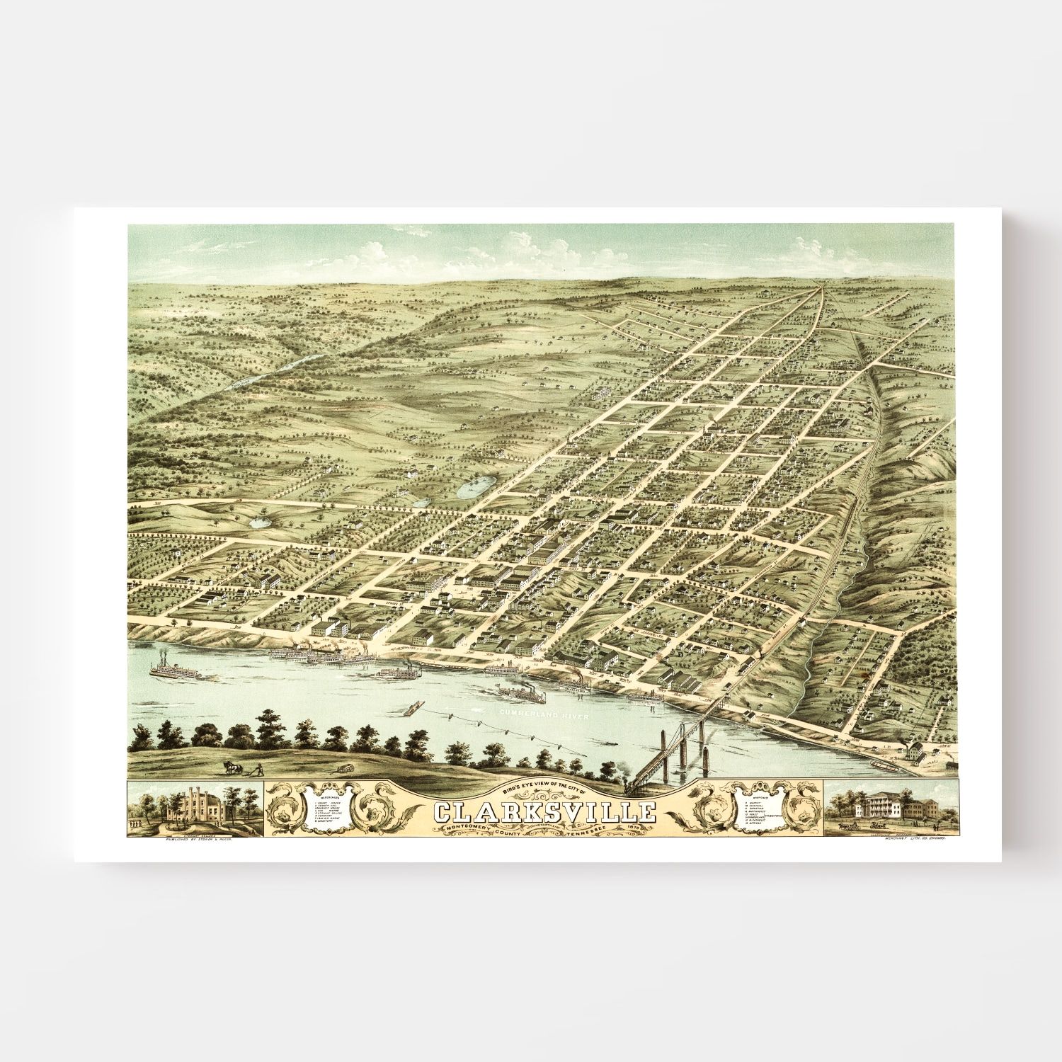 Vintage Map of Clarksville, Tennessee 1870