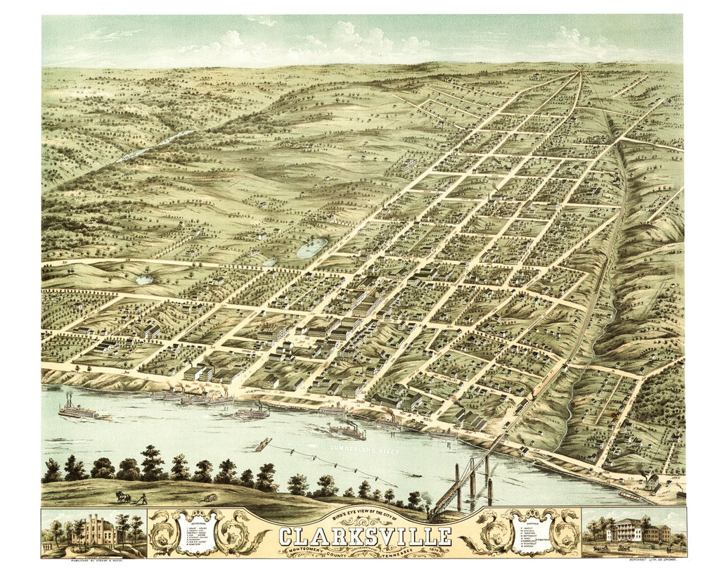 Vintage Map of Clarksville, Tennessee 1870