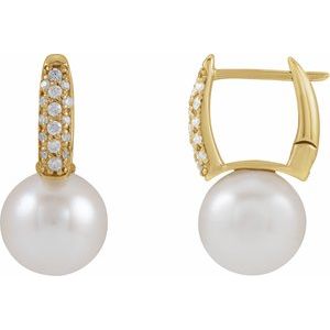 14K Yellow Gold Cultured White Akoya Pearl & 1/6 CTW Natural Diamond Earrings