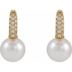 14K Yellow Gold Cultured White Akoya Pearl & 1/6 CTW Natural Diamond Earrings