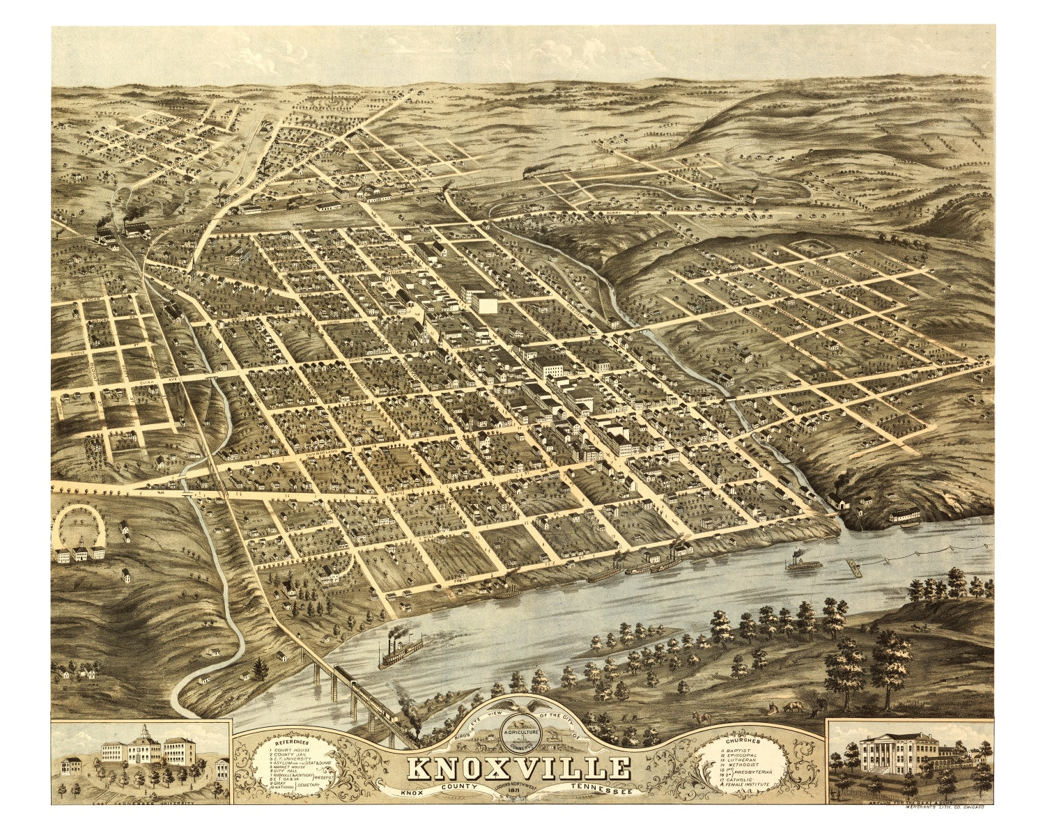 Vintage Map of Knoxville, Tennessee 1871
