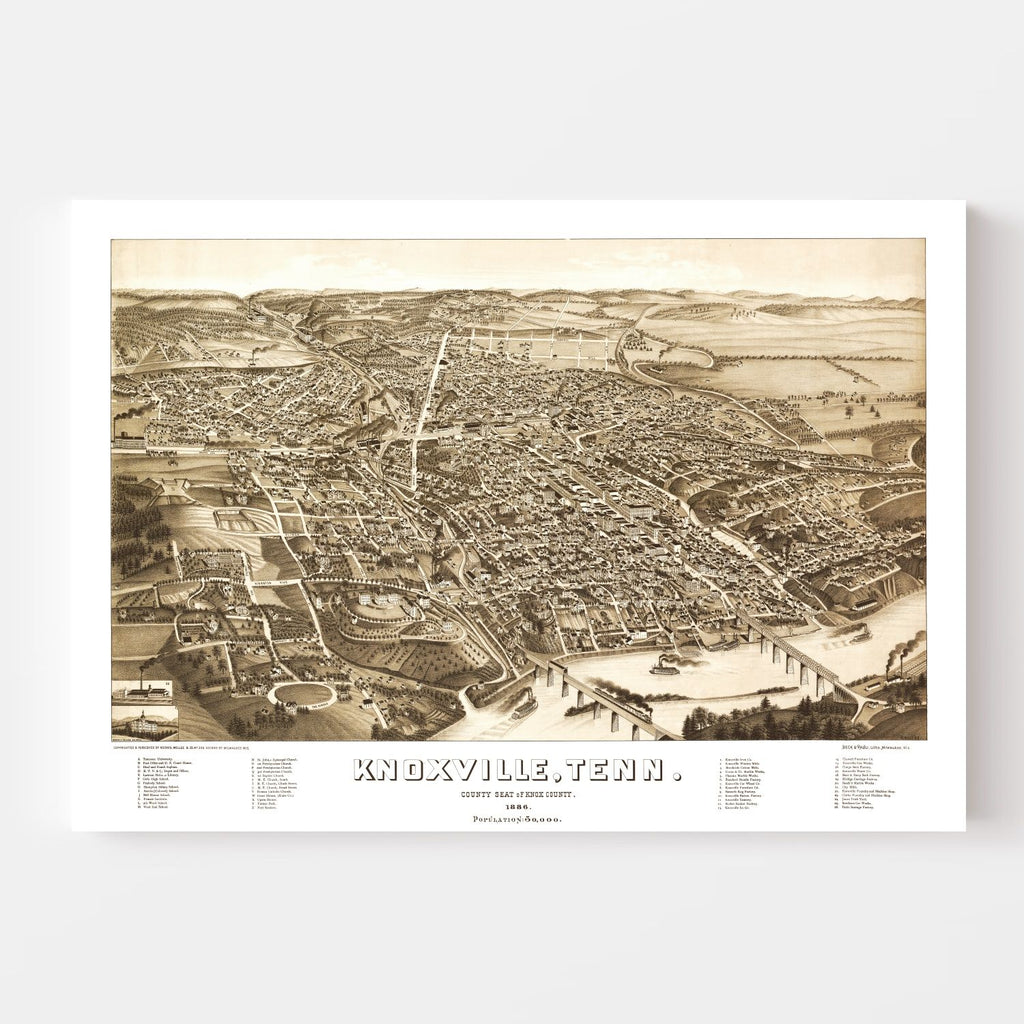 Vintage Map of Knoxville, Tennessee 1886