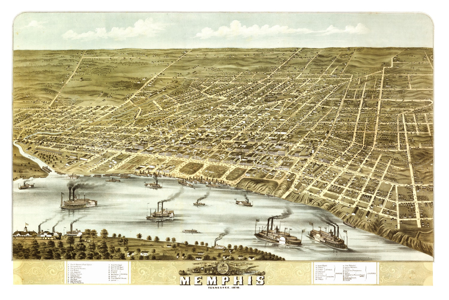 Vintage Map of Memphis, Tennessee 1870