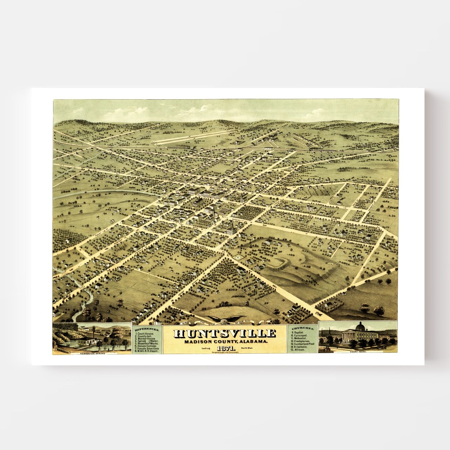 Vintage Map of Huntsville, Alabama 1871