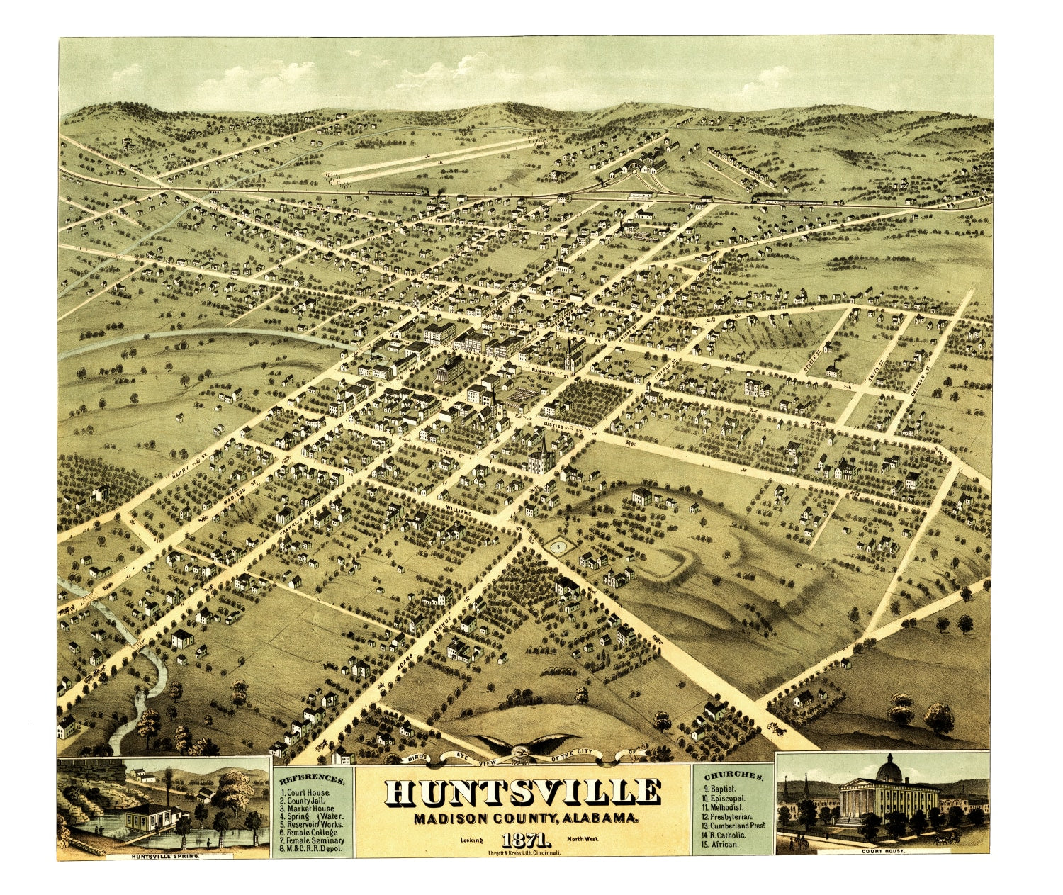 Vintage Map of Huntsville, Alabama 1871