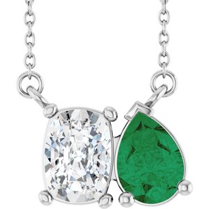 14K White Gold Lab-Grown Diamond & Lab-Grown Emerald Two-Stone 18" Necklace