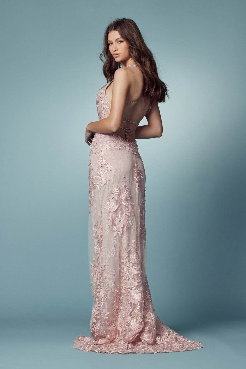 Pearls Embellished Long Formal Gown w/ Floral Motif & Plunging Neckline NXF485