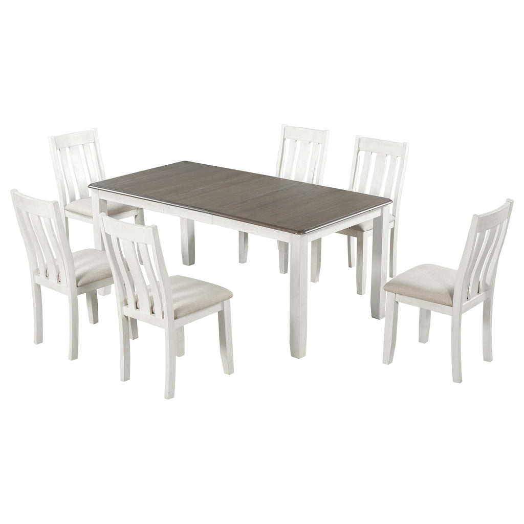 TREXM Retro Style 7-Piece Dining Table Set with Extendable Table, Upholstered Chairs, Brown+White, Solid Wood