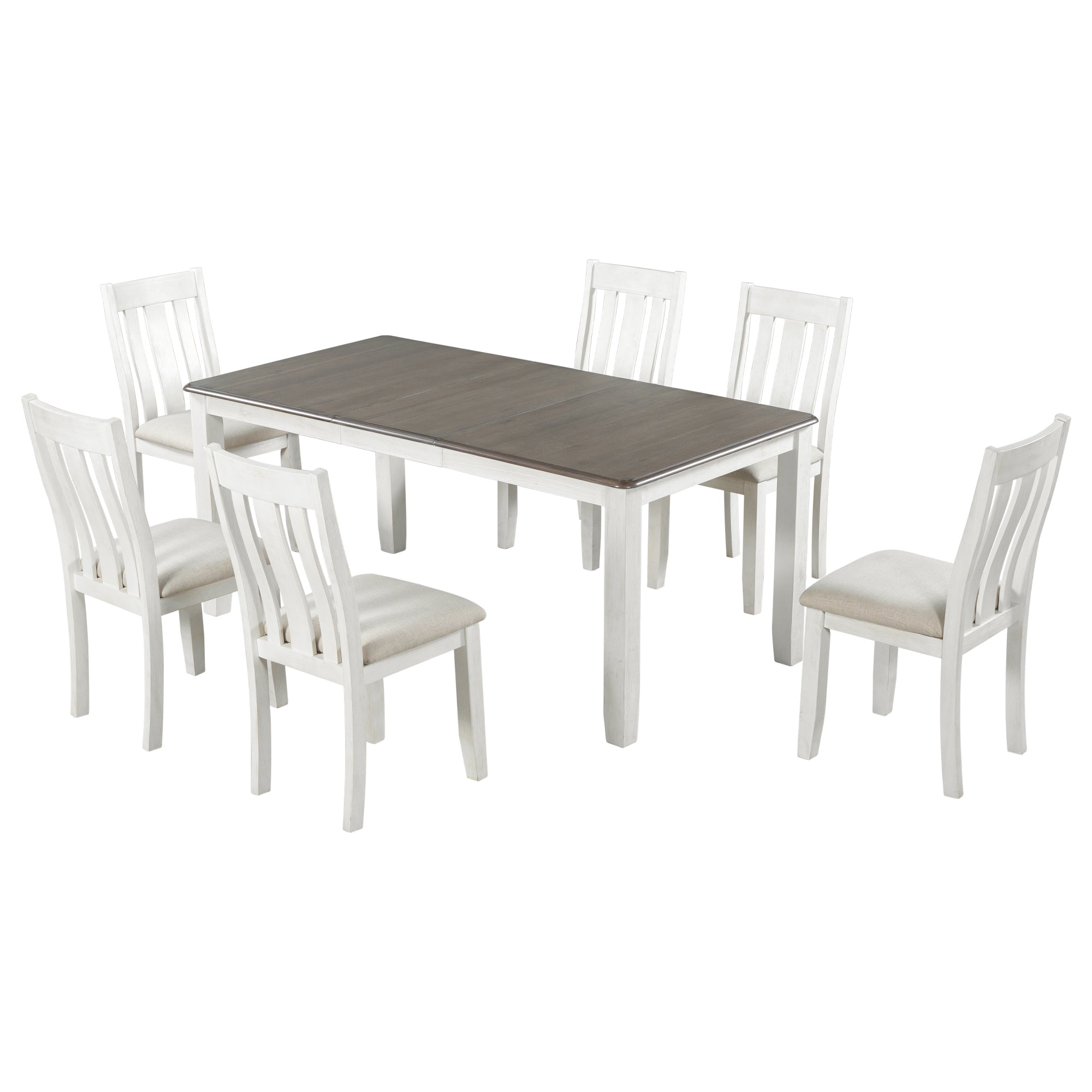 TREXM Retro Style 7-Piece Dining Table Set with Extendable Table, Upholstered Chairs, Brown+White, Solid Wood