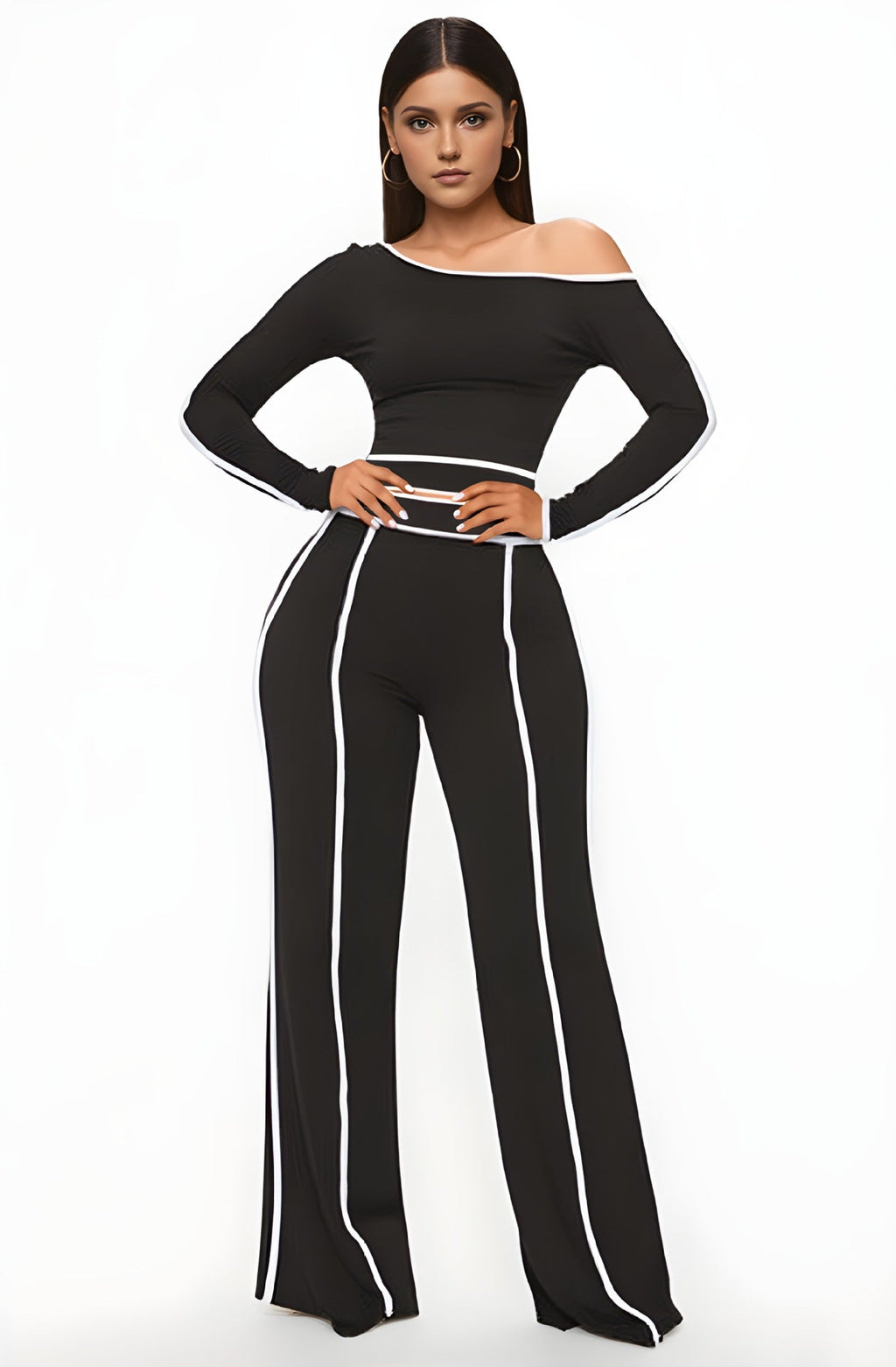 Commute Leisure Diagonal Collar Stitching High Waist Trousers Long Sleeve Two-piece Set (See size chart where applicable)