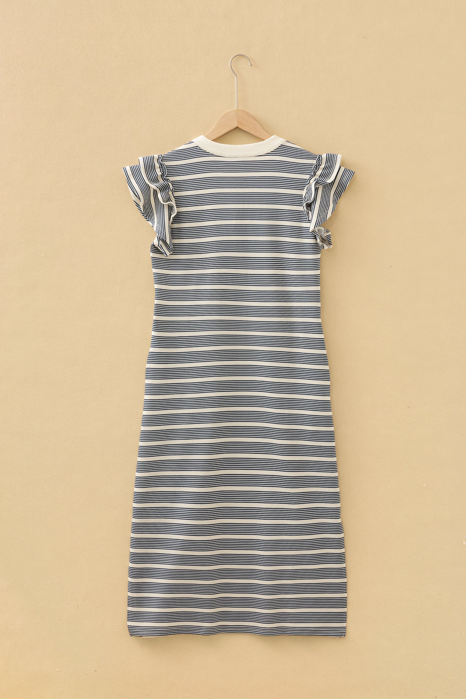 Stripe Ruffle Short Sleeve Contrast Trim Midi Dress