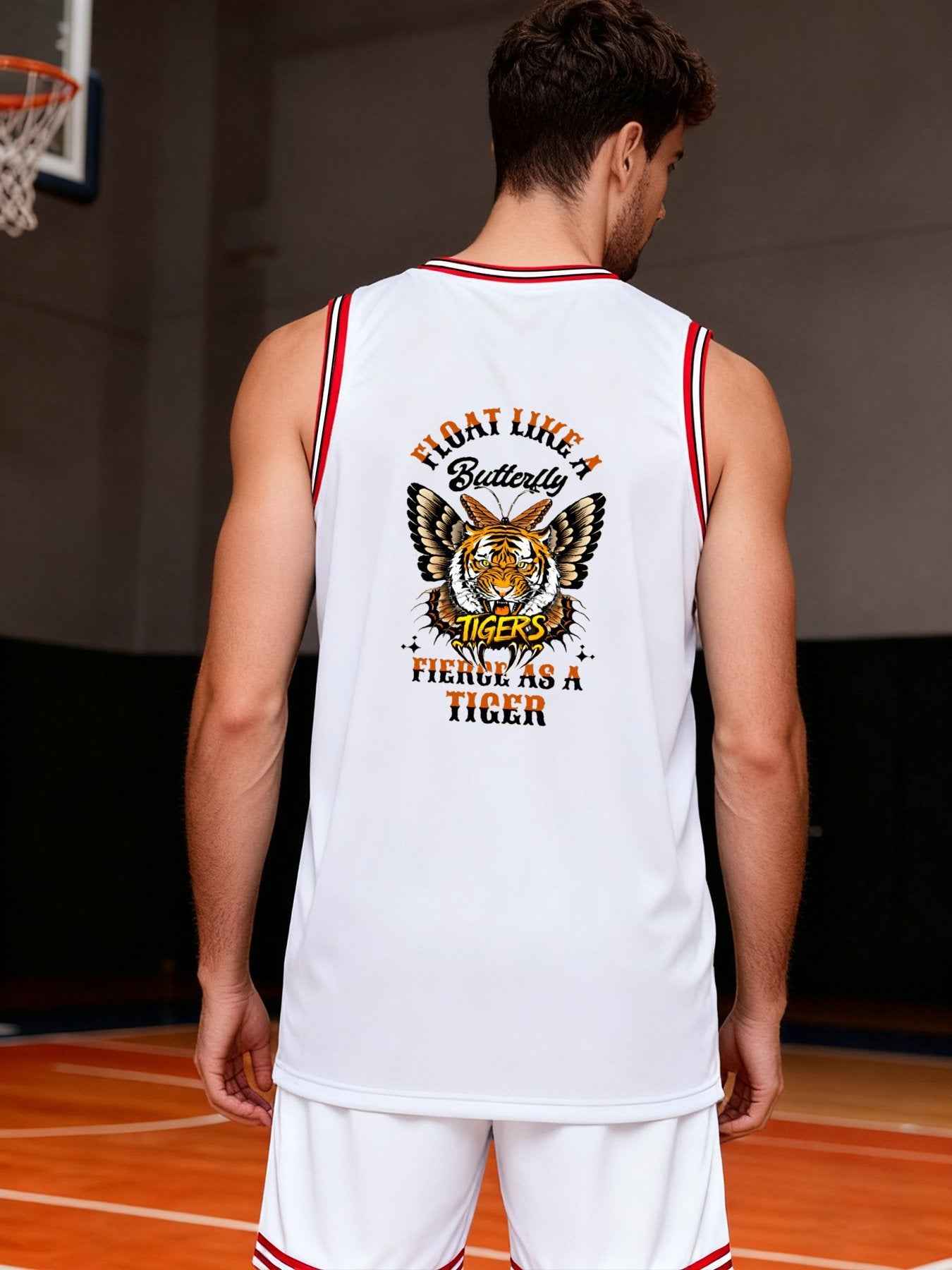 Float Like a Butterfly Fierce as a Tiger Adult White with Red Trim Basketball Jersey | Ships From USA