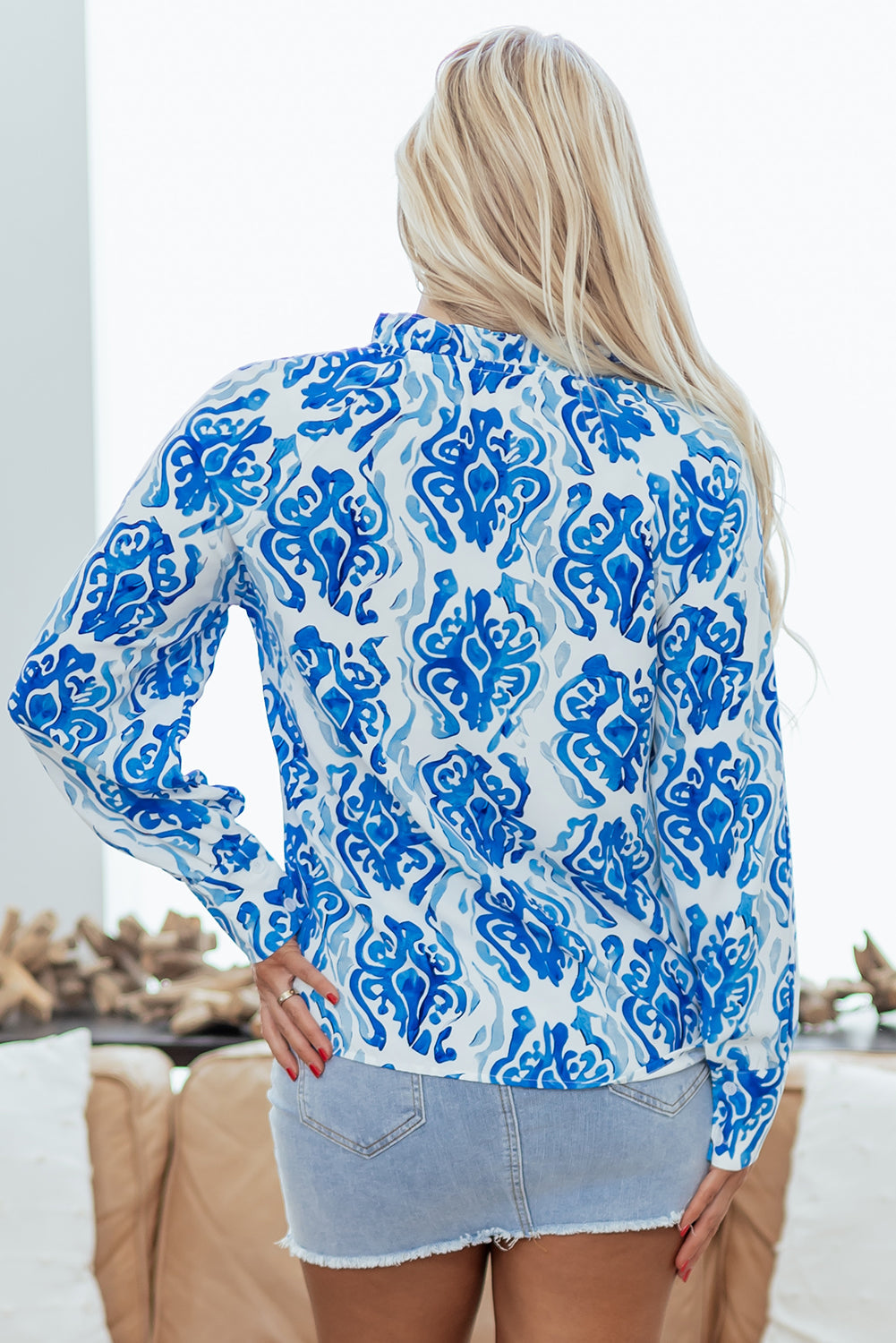 Abstract Tie-Neck Button- Up Puff Sleeve Shirt