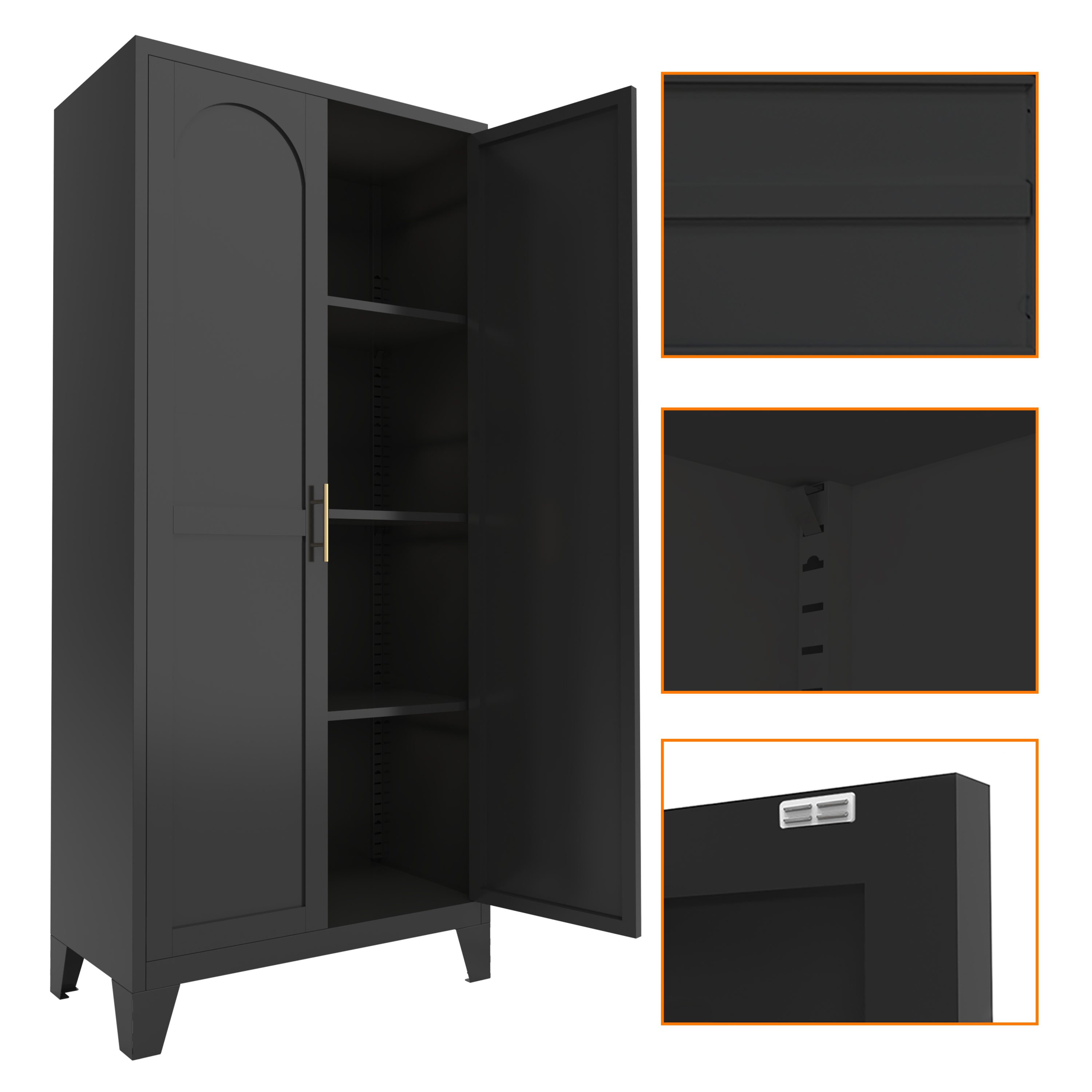 61'' 2 Shapely Doors Cabinet, Metal Storage Cabinet with Doors and Adjustable Shelves, for Bedroom, Living Room(Black)