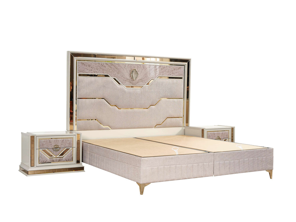 Omari Modern Style 4 Pc King Upholstered Bedroom Set Made with Wood and Gold Accents in Beige (CA Inventory)