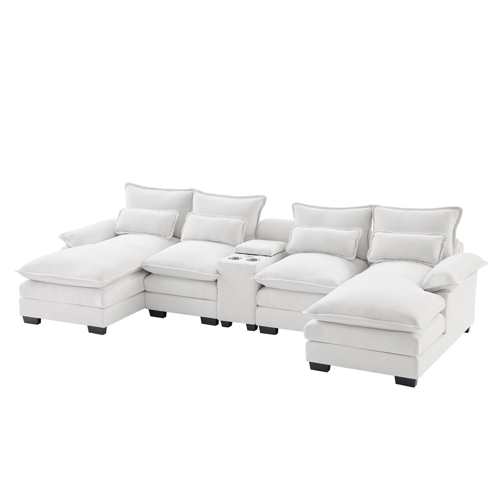 Modern U-shaped Sofa with Console, Cupholders & USB Ports, 6-seat Upholstered Furniture, Chenille, 123*55 inches, White