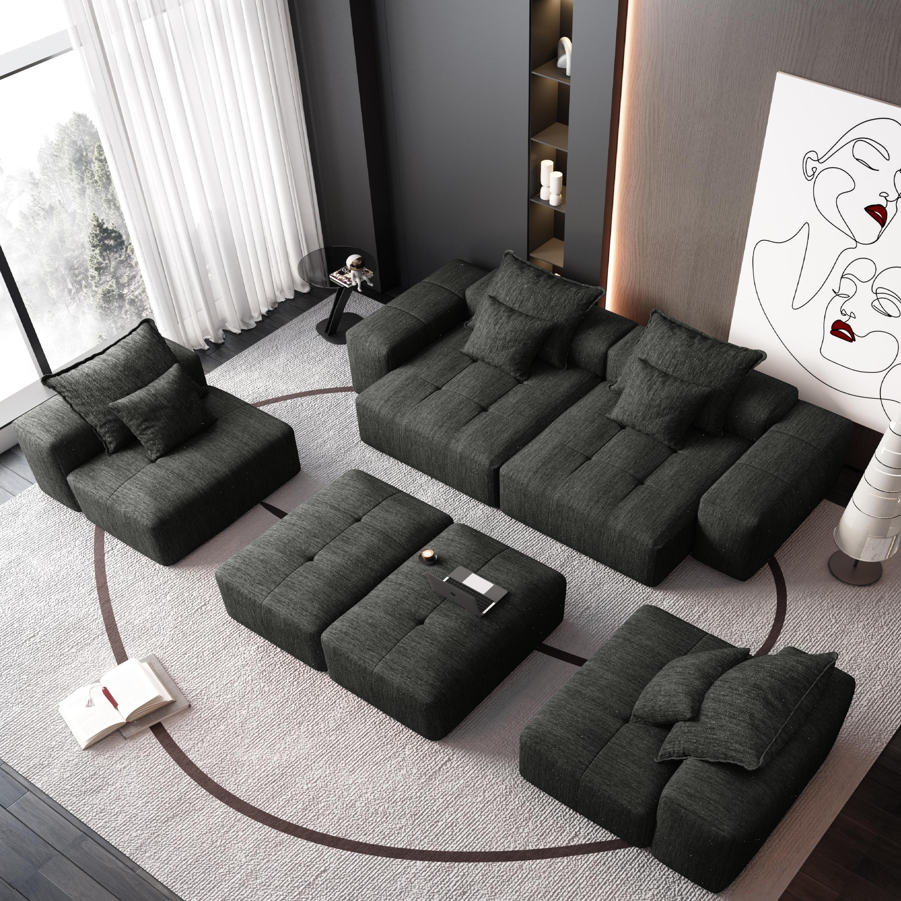 Modern Oversized Modular Sectional Sofa, Sparkling Chenille Fabric Soft Cushion Sofa with 8 Pillows, 8 PCS DIY Combination Tufted Sofa, No Assembly Required, BLACK