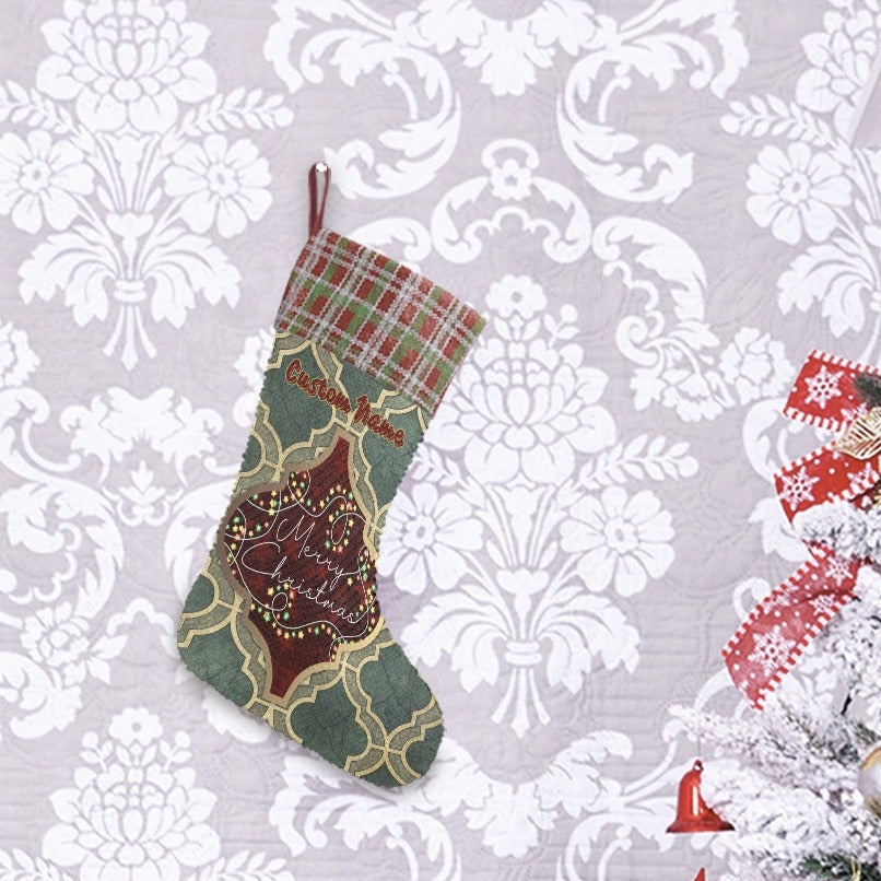 Merry Christmas Arabasque Tile Sequin Christmas Stocking (Made in USA)
