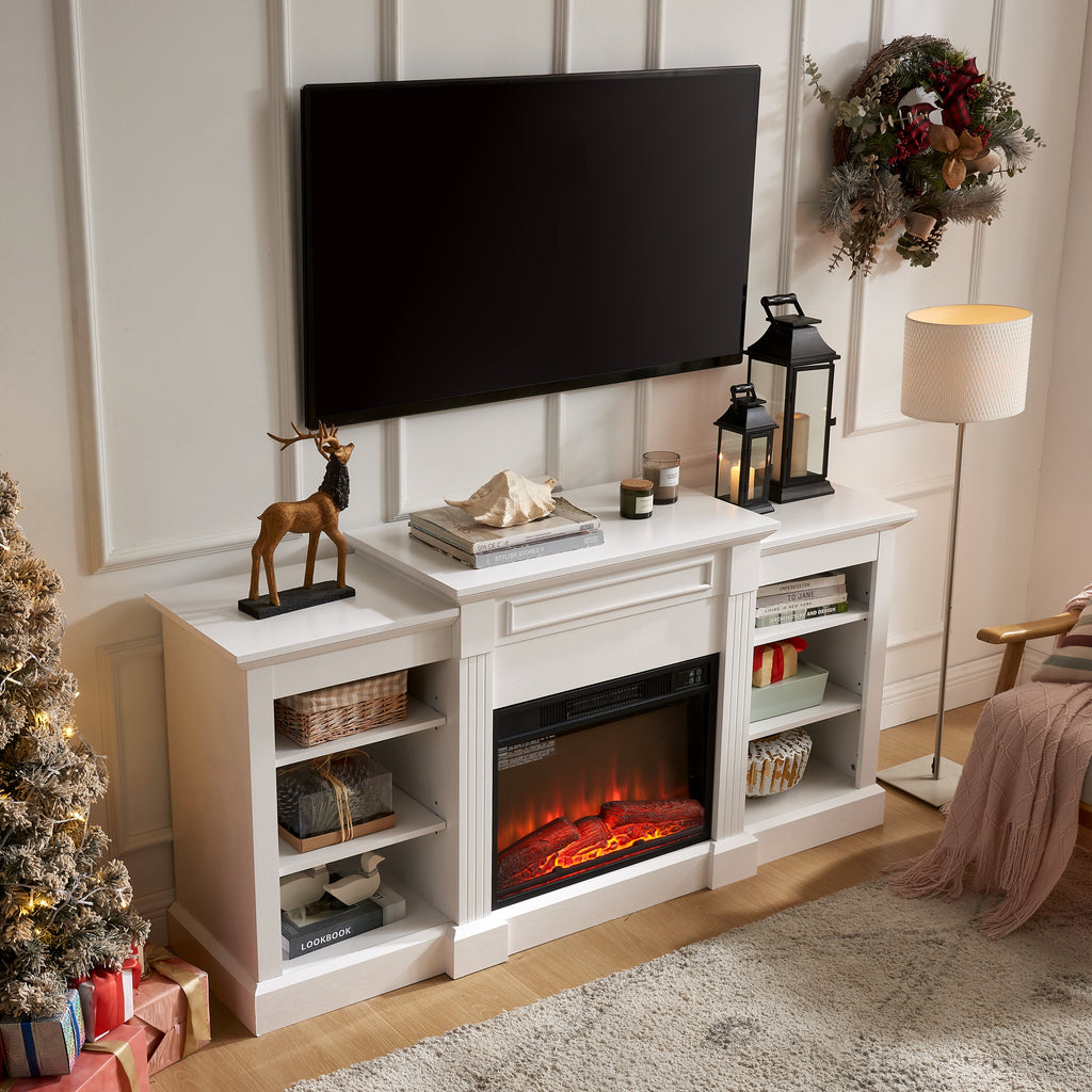 Media Console Table with Large Storage Cabinet, with 23' Fireplace Insert, for TV Up to 70'', Modern TV Media Entertaionment Stand, White, 65.75'W*17'D*32.48'H