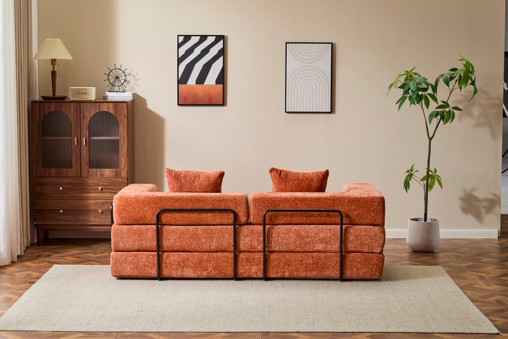 Floor Couch,Compression Sofa,Convertible Floor Sofa Bed-with Pillow Back Support Armrest,Comfy Futon Couch Lounge Sleeper Bed,chenille fabric,for Living Room Bedroom (orange)