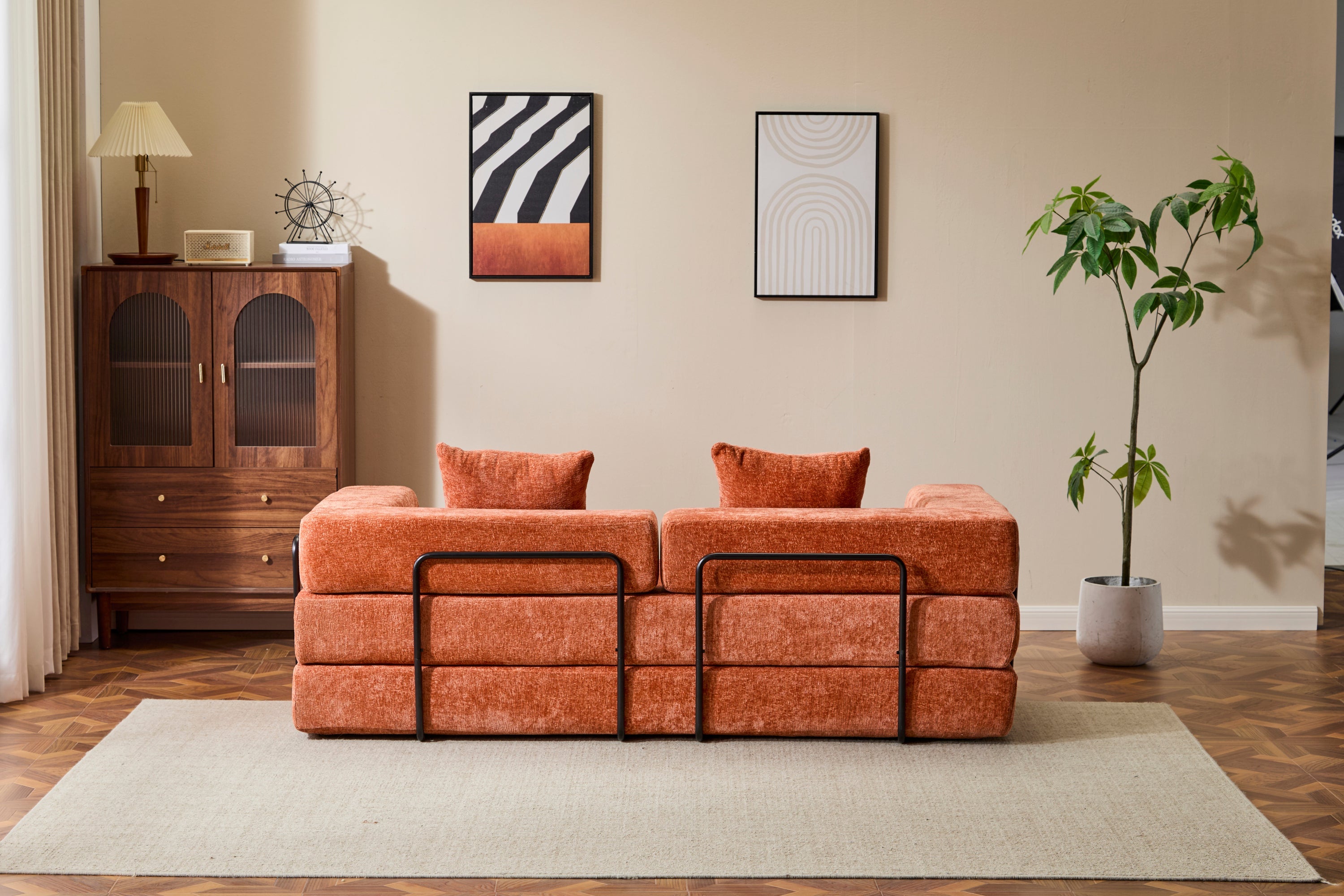 Floor Couch,Compression Sofa,Convertible Floor Sofa Bed-with Pillow Back Support Armrest,Comfy Futon Couch Lounge Sleeper Bed,chenille fabric,for Living Room Bedroom (orange)