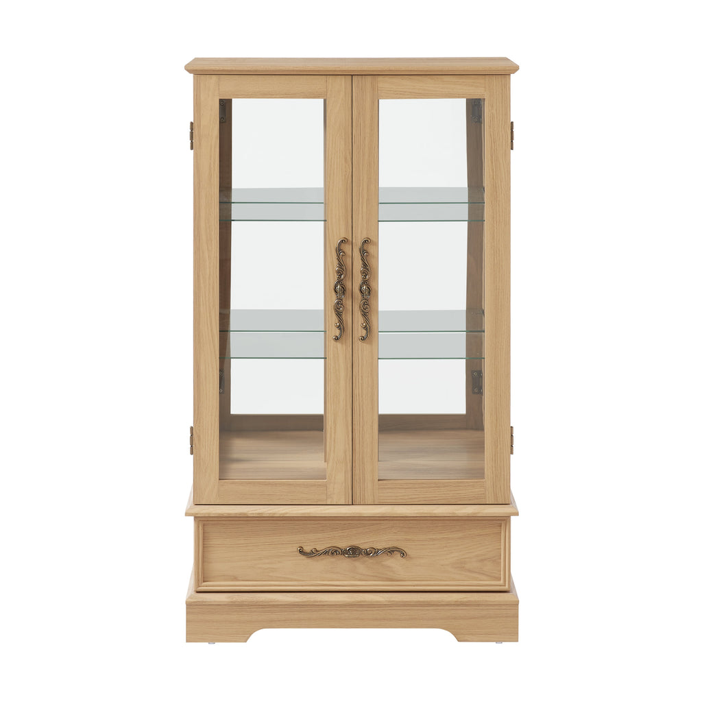 Lighted Glass Curio Display Cabinet with Adjustable Shelves - 2 Doors, 1 Drawer, LED Lights, Elegant Light Oak Finish