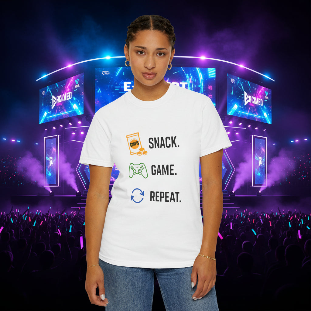 "Snack. Game. Repeat." Graphic Tee for Gamers