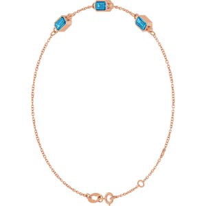 14K Rose Gold Natural Blue Zircon Bezel-Set 3-Stone 7 1/2" Bracelet – image 2