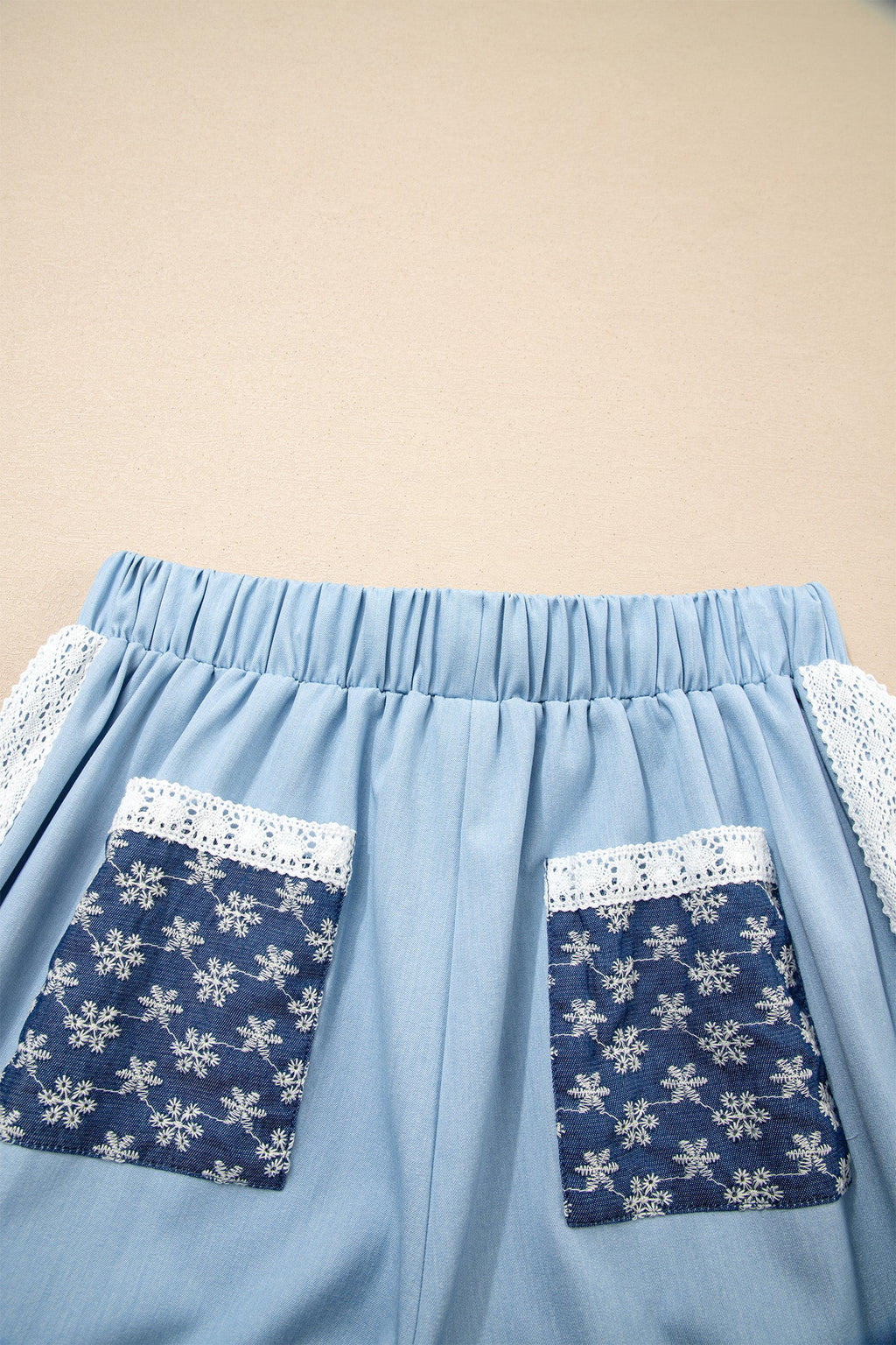 Floral Lace Patch Pocket Pleated Wide Leg Pants