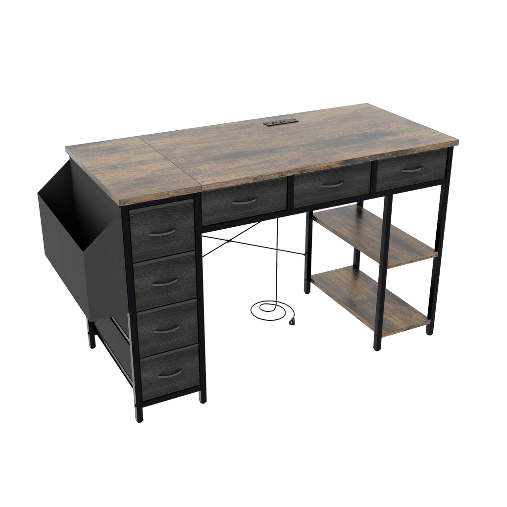 47' Computer Desk With Power Outlet,Writing Desk with 7 Fabric Drawers,Vanity table Drawers and Large Side Pocket,Rustic Brown