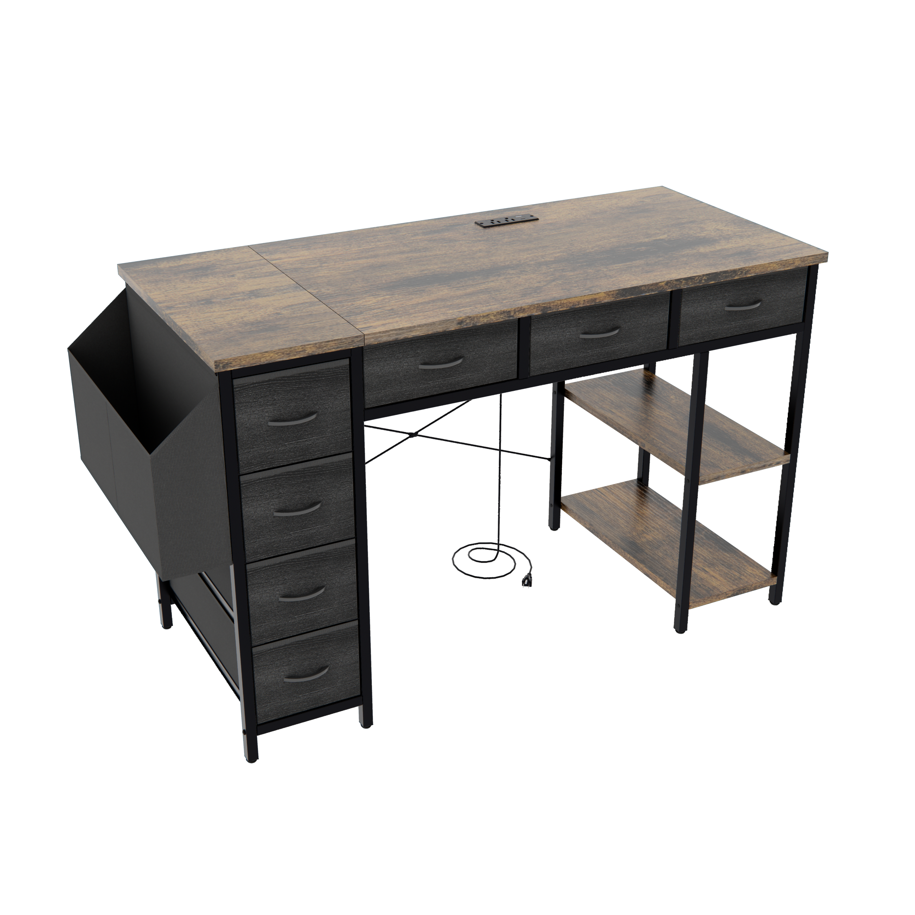 47' Computer Desk With Power Outlet,Writing Desk with 7 Fabric Drawers,Vanity table Drawers and Large Side Pocket,Rustic Brown