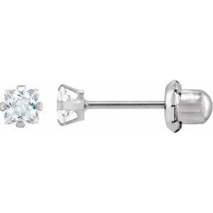 14K White Gold 3 mm Square Imitation White Cubic Zirconia Piercing Stud Earrings