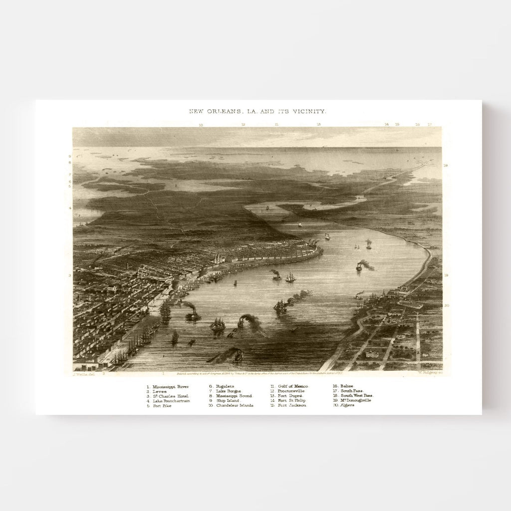 Vintage Map of New Orleans, Louisiana 1863