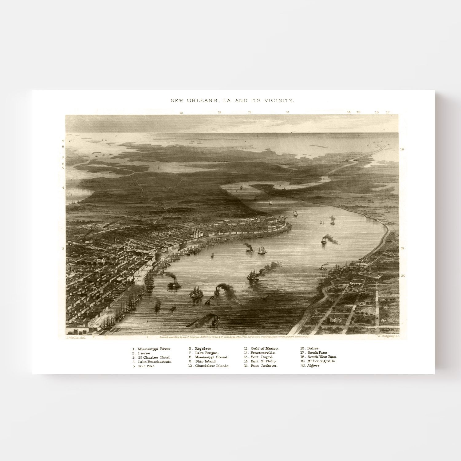 Vintage Map of New Orleans, Louisiana 1863