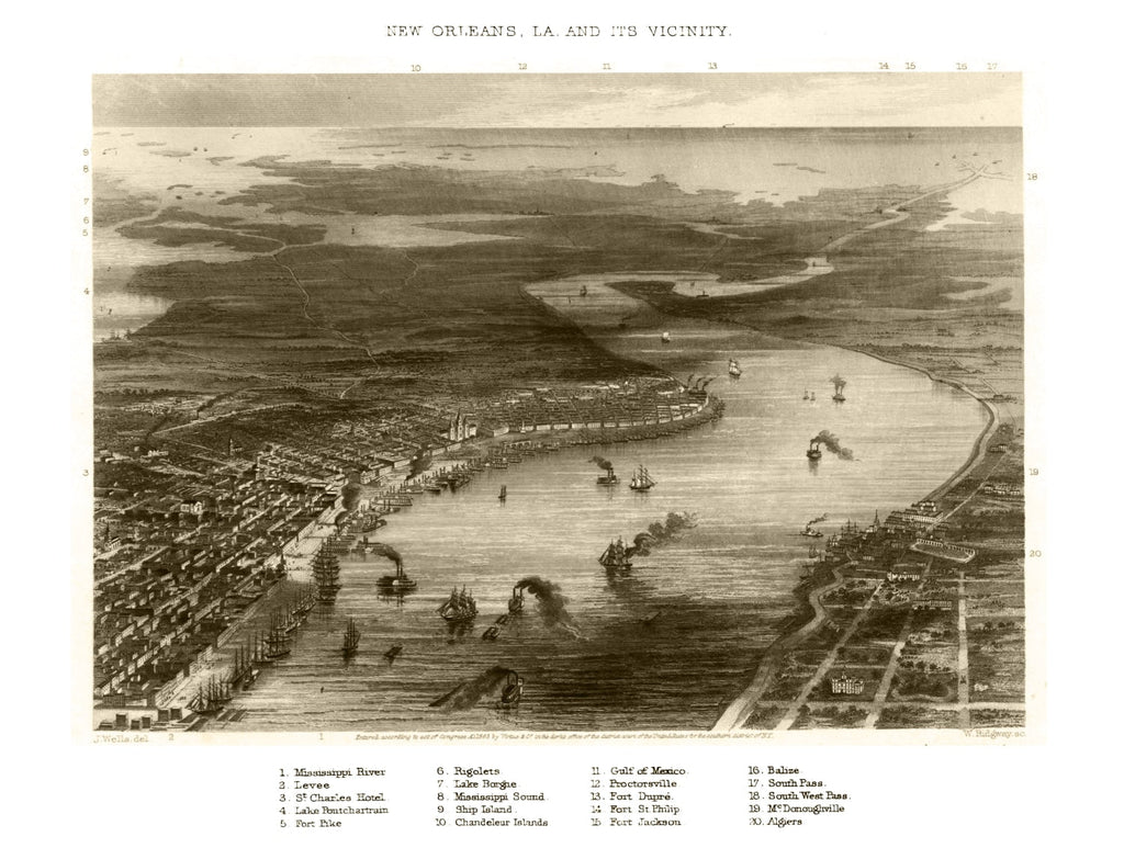 Vintage Map of New Orleans, Louisiana 1863
