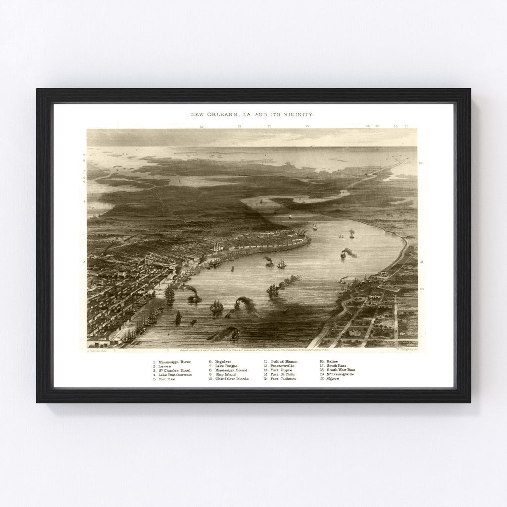 Vintage Map of New Orleans, Louisiana 1863