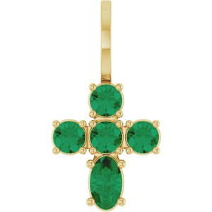 14K Yellow Gold Lab-Grown Emerald Cross Charm/Pendant